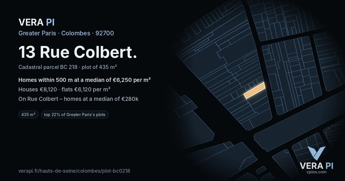 13 Rue Colbert, Colombes at night – the plot lit, the parcels around coloured by the prices near them