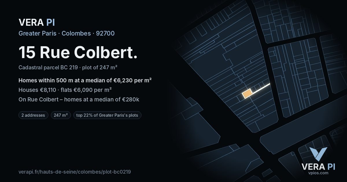15 Rue Colbert, Colombes at night – the plot lit, the parcels around coloured by the prices near them
