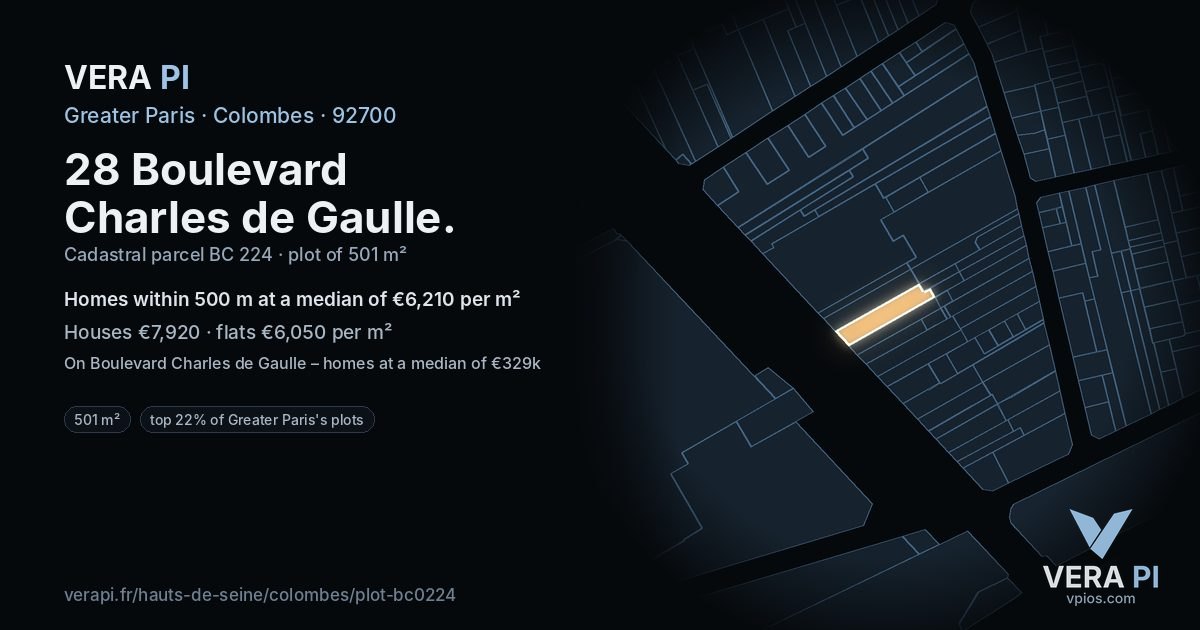 28 Boulevard Charles de Gaulle, Colombes at night – the plot lit, the parcels around coloured by the prices near them