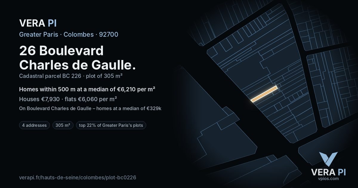 26 Boulevard Charles de Gaulle, Colombes at night – the plot lit, the parcels around coloured by the prices near them