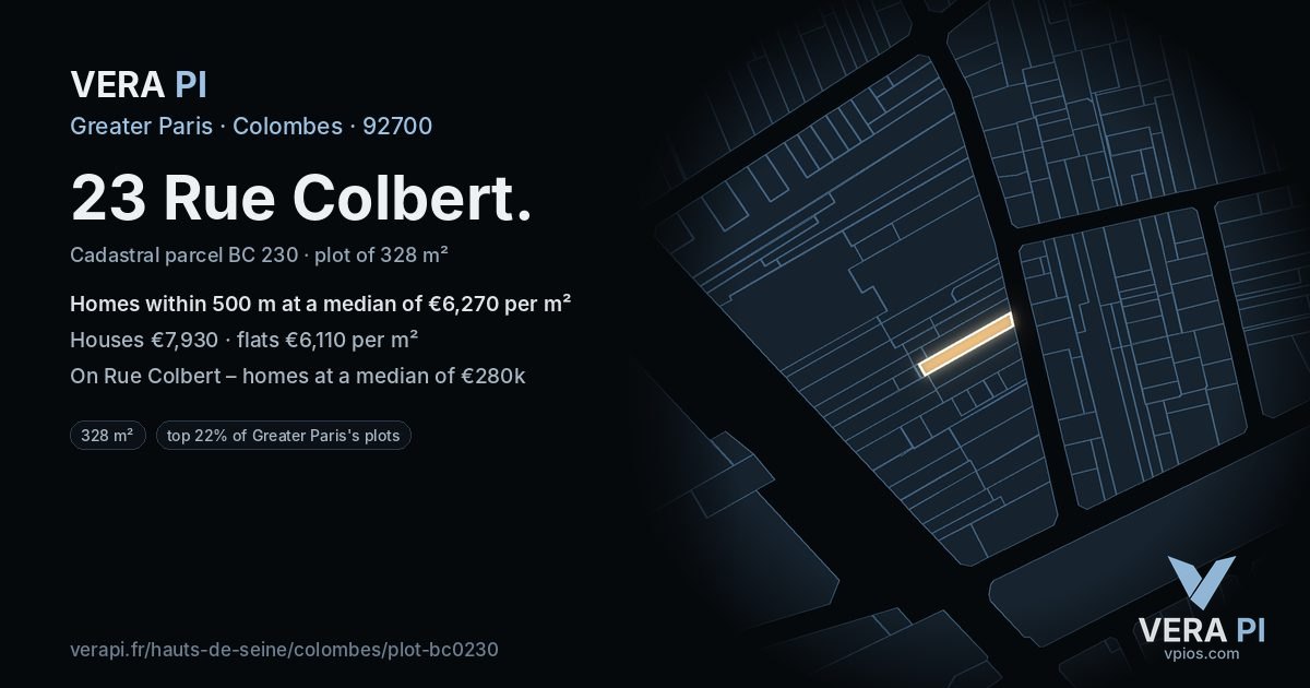 23 Rue Colbert, Colombes at night – the plot lit, the parcels around coloured by the prices near them