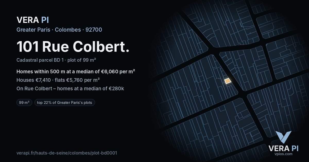 101 Rue Colbert, Colombes at night – the plot lit, the parcels around coloured by the prices near them