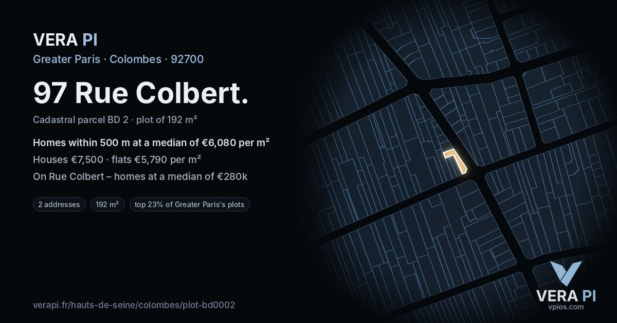 97 Rue Colbert, Colombes at night – the plot lit, the parcels around coloured by the prices near them