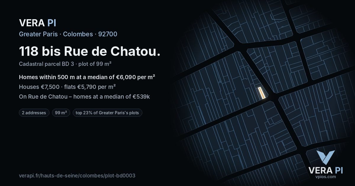 118 bis Rue de Chatou, Colombes at night – the plot lit, the parcels around coloured by the prices near them