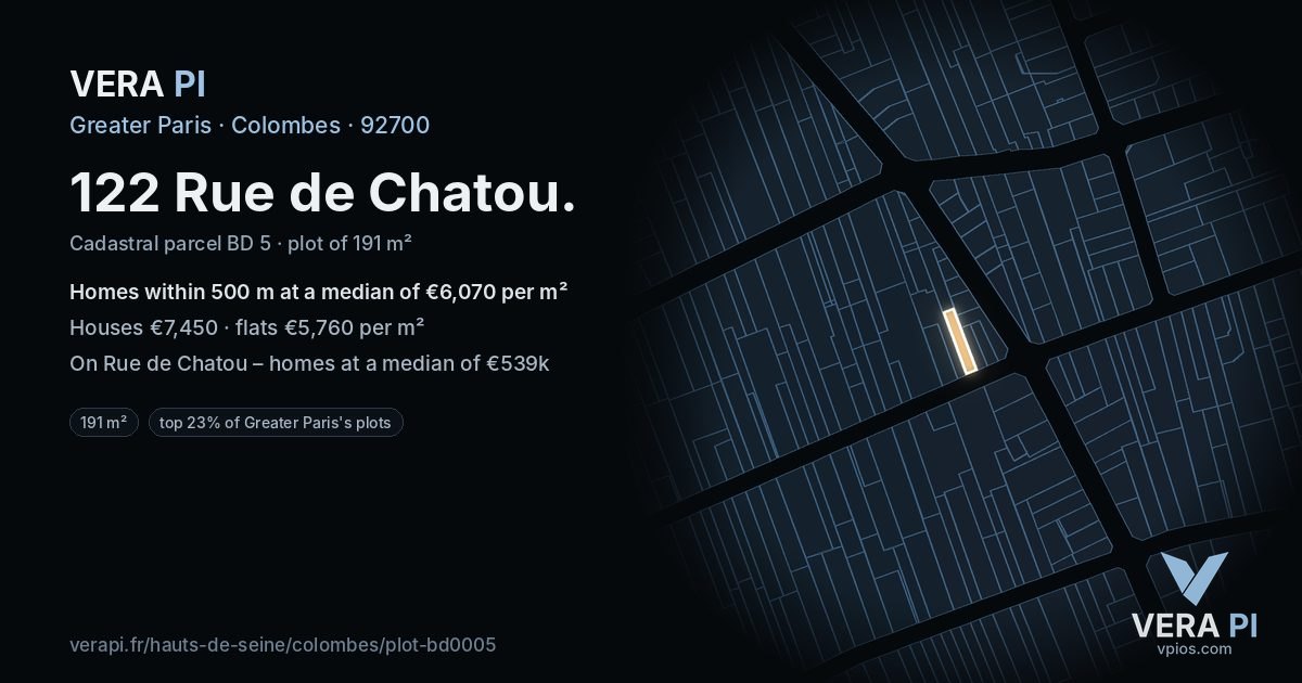 122 Rue de Chatou, Colombes at night – the plot lit, the parcels around coloured by the prices near them