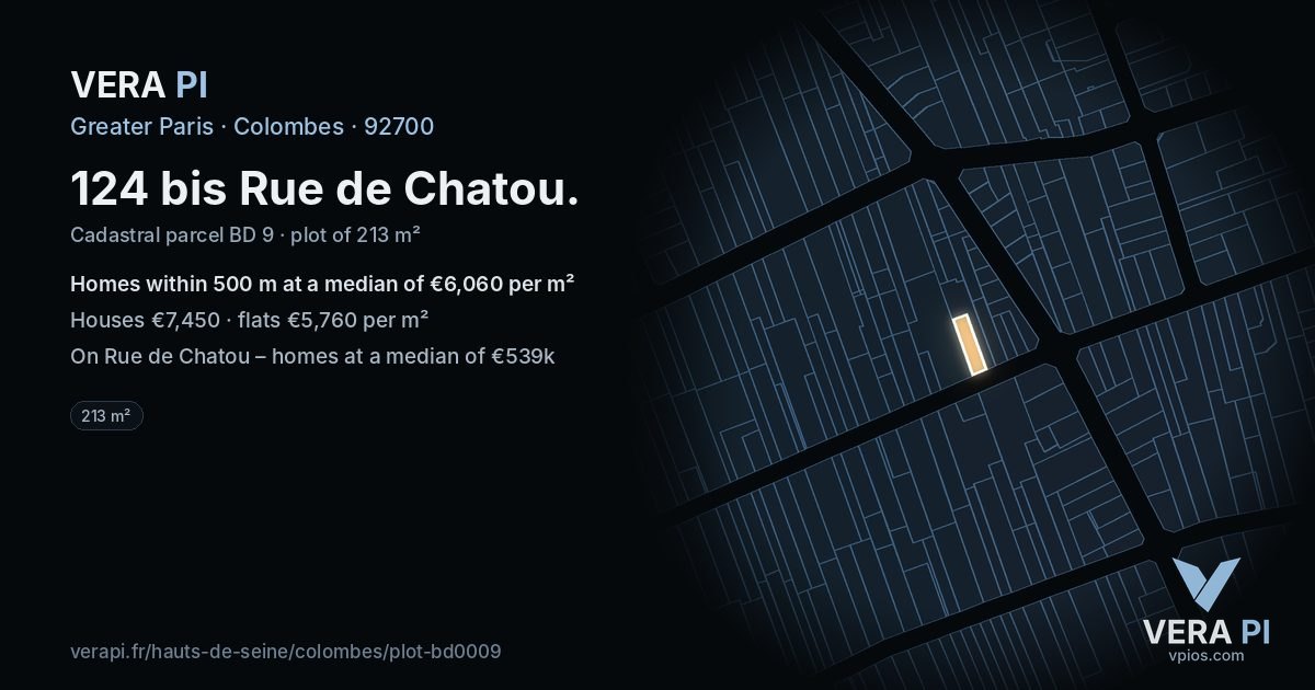 124 bis Rue de Chatou, Colombes at night – the plot lit, the parcels around coloured by the prices near them