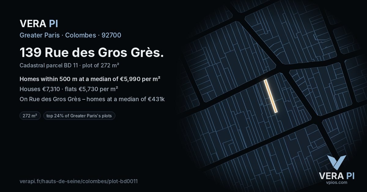 139 Rue des Gros Grès, Colombes at night – the plot lit, the parcels around coloured by the prices near them