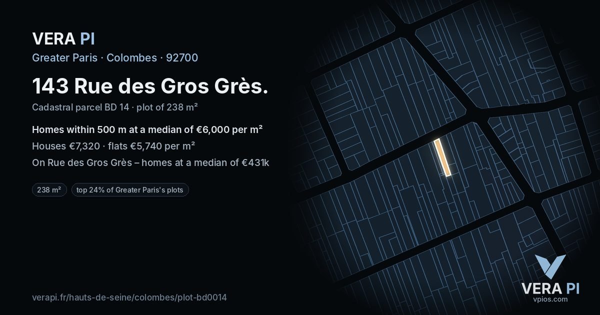 143 Rue des Gros Grès, Colombes at night – the plot lit, the parcels around coloured by the prices near them