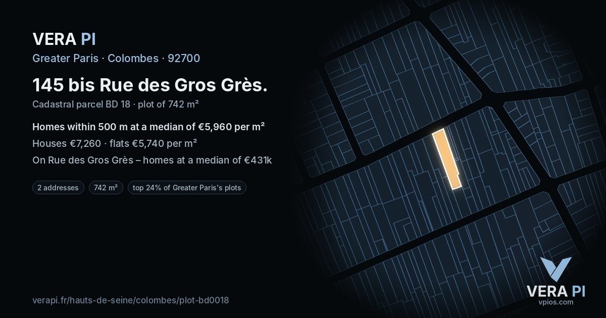 145 bis Rue des Gros Grès, Colombes at night – the plot lit, the parcels around coloured by the prices near them