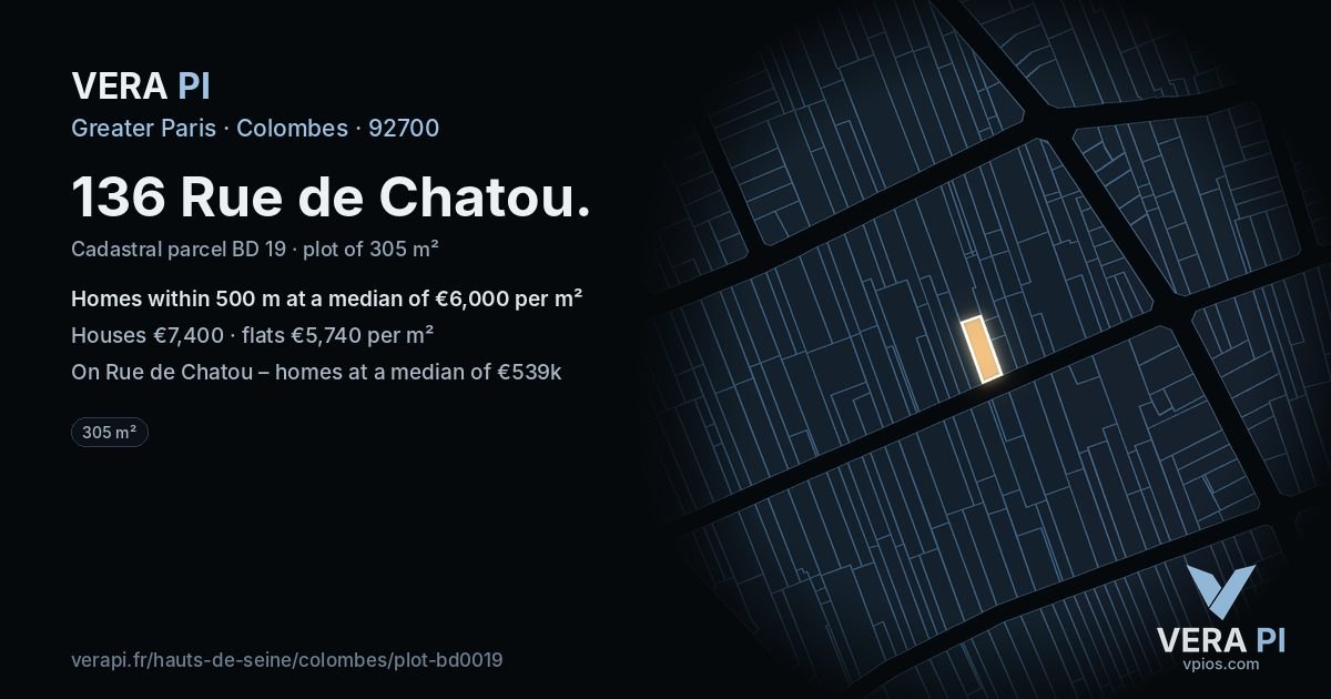 136 Rue de Chatou, Colombes at night – the plot lit, the parcels around coloured by the prices near them