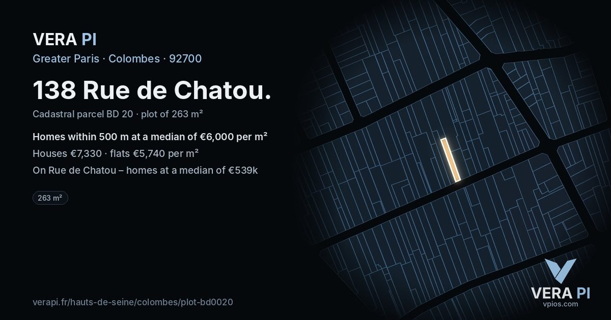 138 Rue de Chatou, Colombes at night – the plot lit, the parcels around coloured by the prices near them