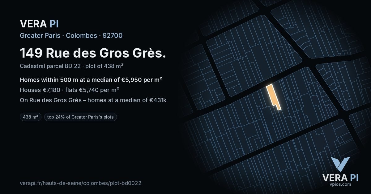 149 Rue des Gros Grès, Colombes at night – the plot lit, the parcels around coloured by the prices near them