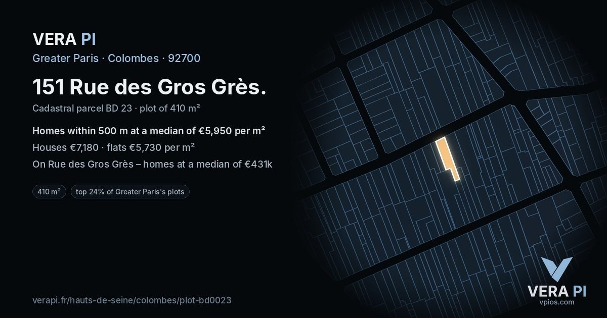 151 Rue des Gros Grès, Colombes at night – the plot lit, the parcels around coloured by the prices near them