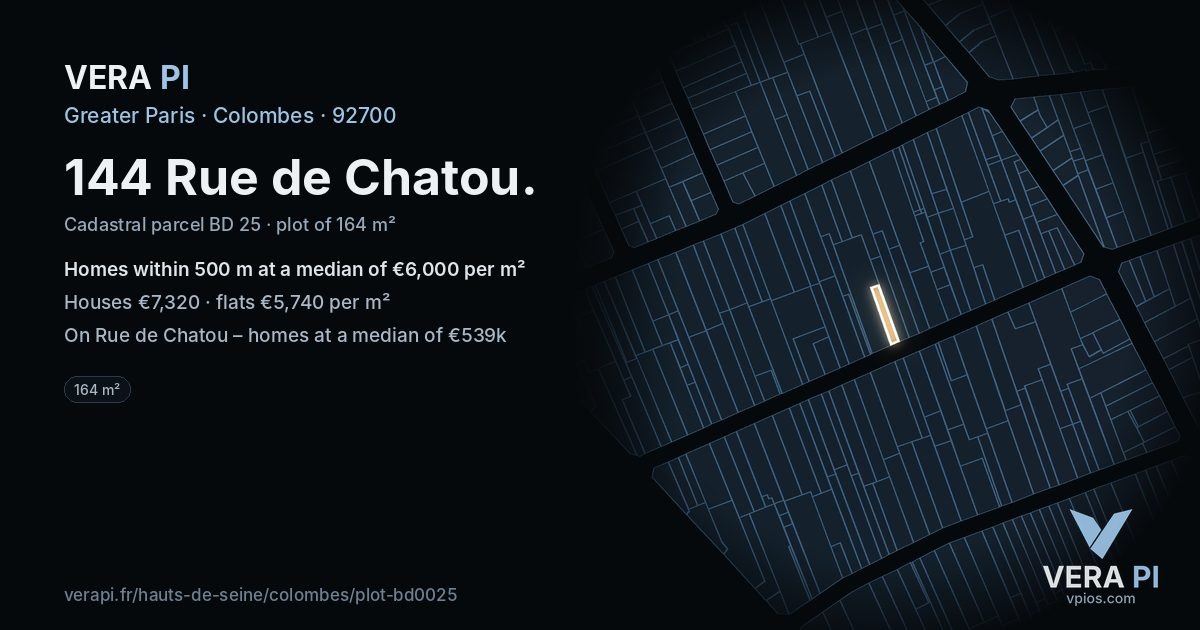 144 Rue de Chatou, Colombes at night – the plot lit, the parcels around coloured by the prices near them