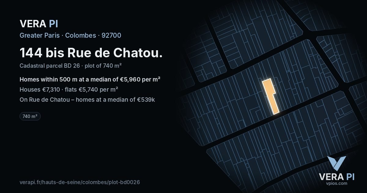 144 bis Rue de Chatou, Colombes at night – the plot lit, the parcels around coloured by the prices near them