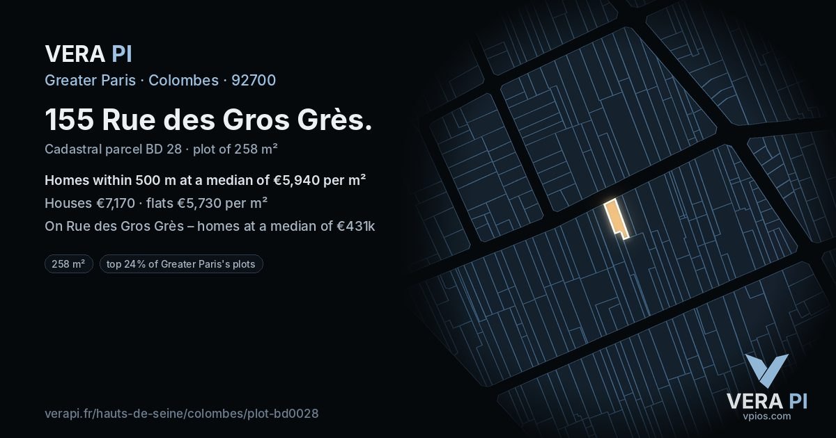 155 Rue des Gros Grès, Colombes at night – the plot lit, the parcels around coloured by the prices near them