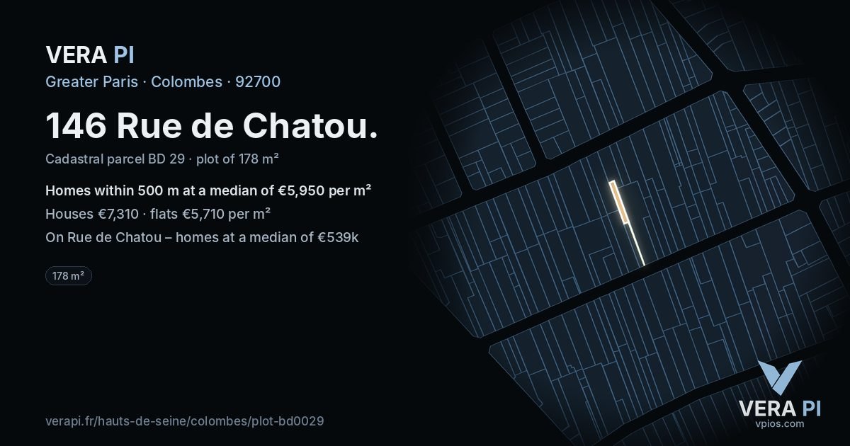 146 Rue de Chatou, Colombes at night – the plot lit, the parcels around coloured by the prices near them