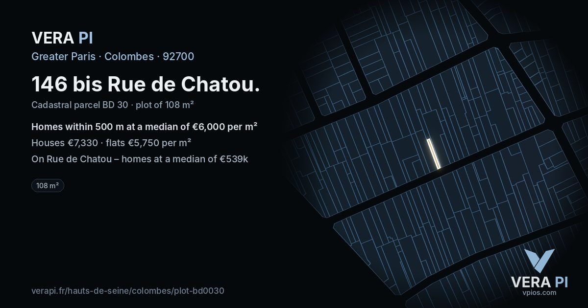 146 bis Rue de Chatou, Colombes at night – the plot lit, the parcels around coloured by the prices near them