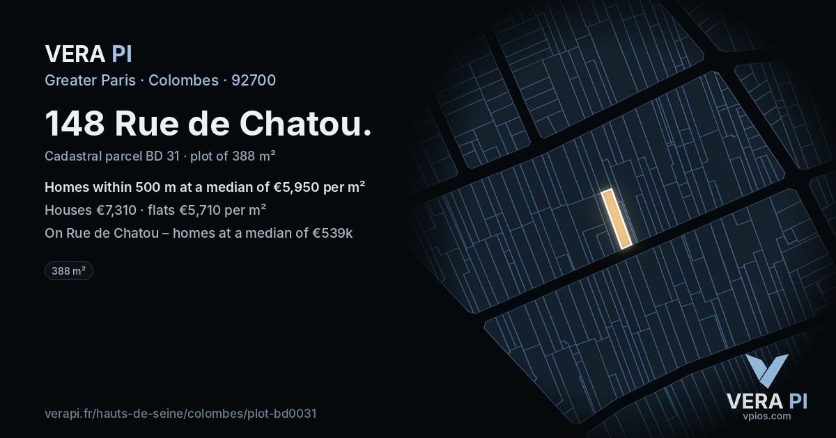 148 Rue de Chatou, Colombes at night – the plot lit, the parcels around coloured by the prices near them