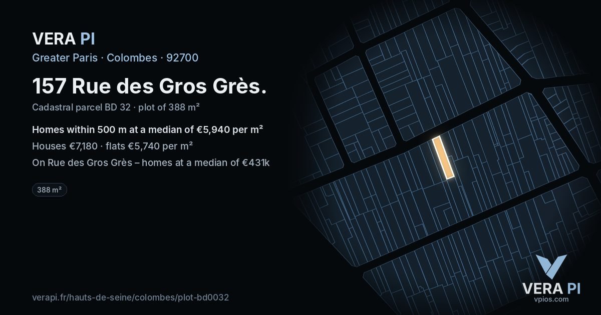 157 Rue des Gros Grès, Colombes at night – the plot lit, the parcels around coloured by the prices near them