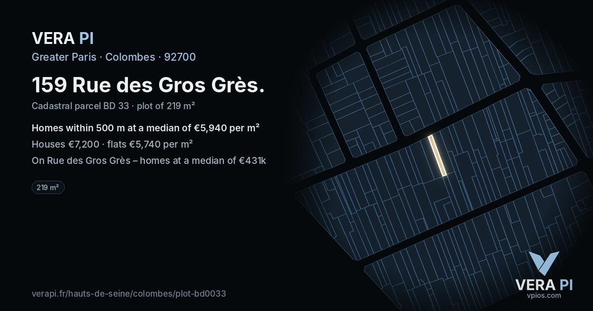 159 Rue des Gros Grès, Colombes at night – the plot lit, the parcels around coloured by the prices near them