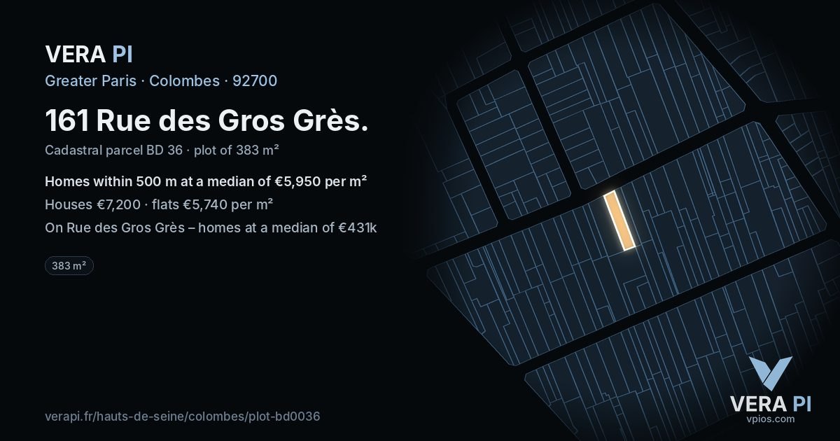 161 Rue des Gros Grès, Colombes at night – the plot lit, the parcels around coloured by the prices near them