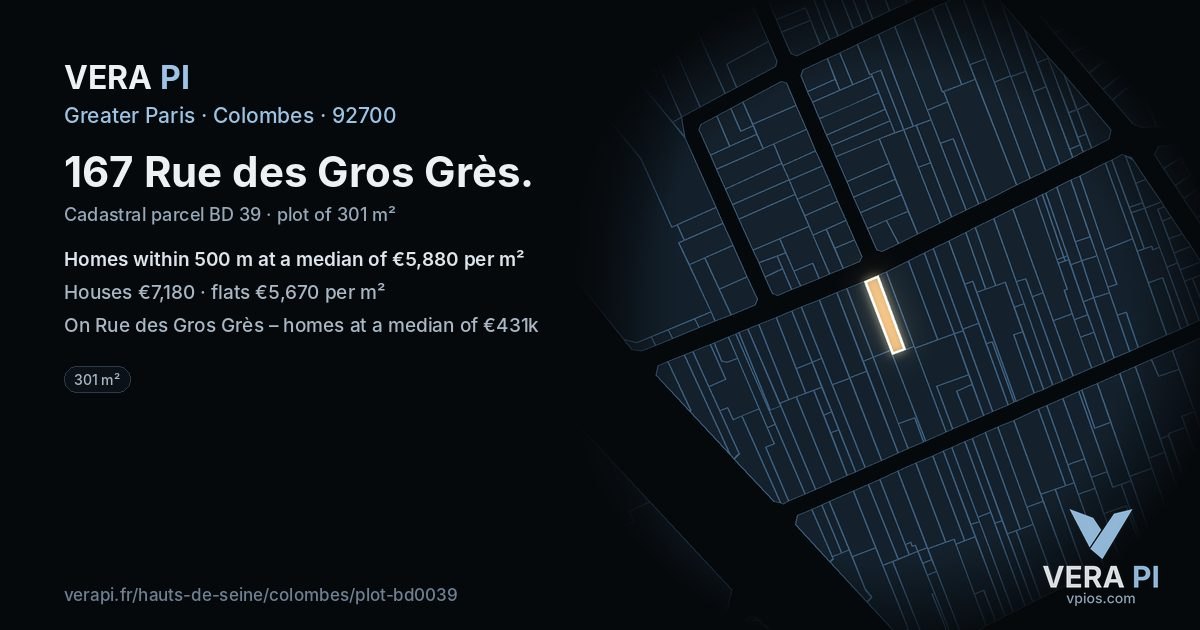 167 Rue des Gros Grès, Colombes at night – the plot lit, the parcels around coloured by the prices near them
