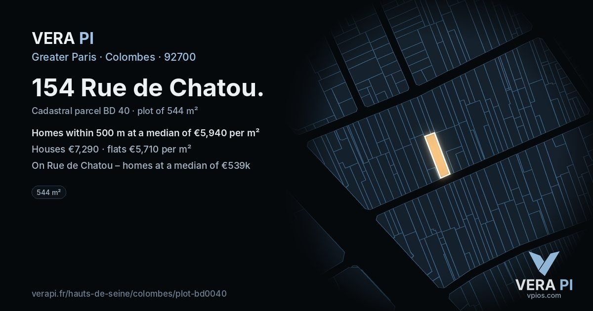 154 Rue de Chatou, Colombes at night – the plot lit, the parcels around coloured by the prices near them