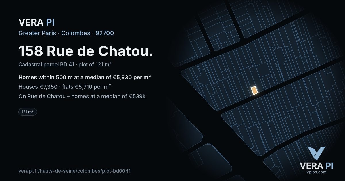 158 Rue de Chatou, Colombes at night – the plot lit, the parcels around coloured by the prices near them