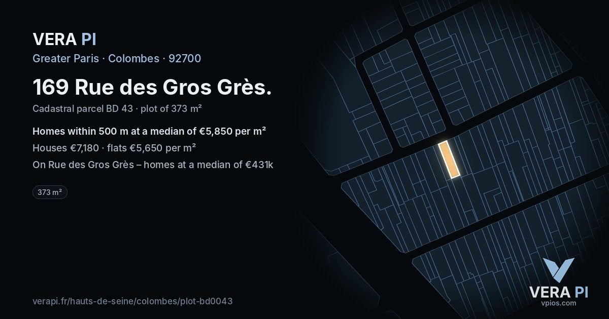 169 Rue des Gros Grès, Colombes at night – the plot lit, the parcels around coloured by the prices near them