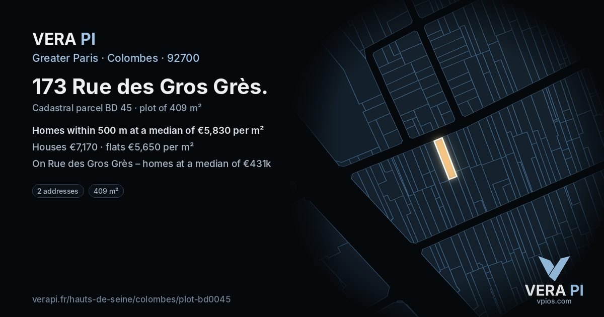 173 Rue des Gros Grès, Colombes at night – the plot lit, the parcels around coloured by the prices near them