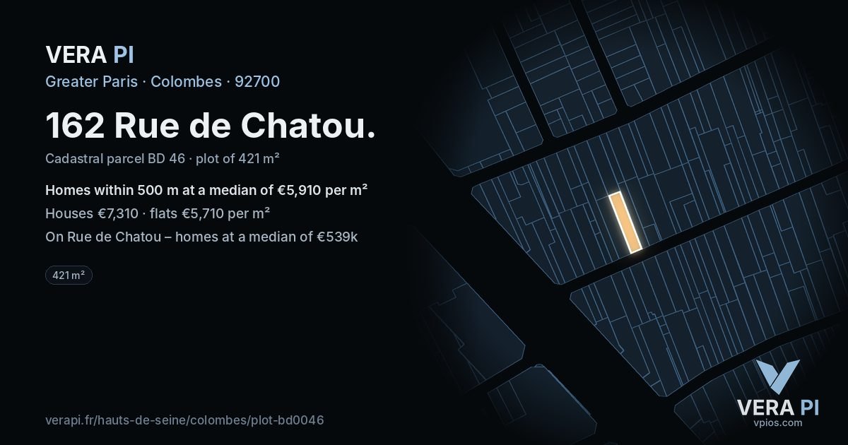 162 Rue de Chatou, Colombes at night – the plot lit, the parcels around coloured by the prices near them