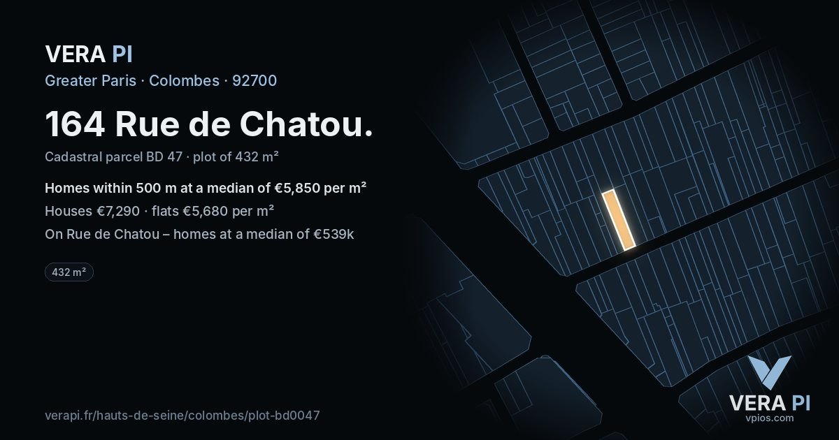 164 Rue de Chatou, Colombes at night – the plot lit, the parcels around coloured by the prices near them