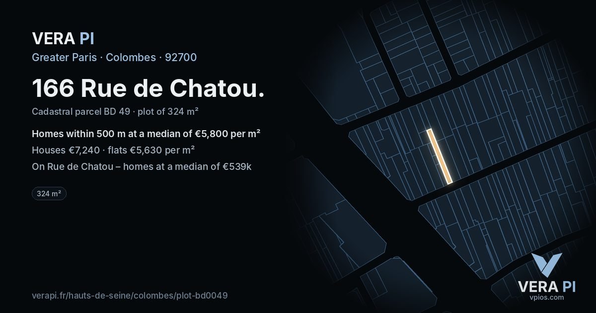 166 Rue de Chatou, Colombes at night – the plot lit, the parcels around coloured by the prices near them