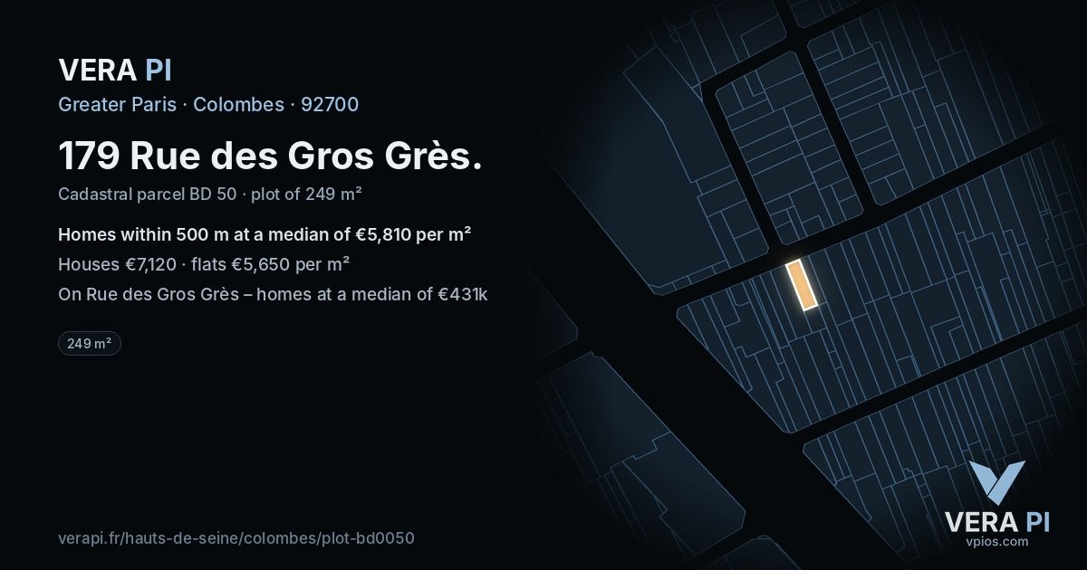 179 Rue des Gros Grès, Colombes at night – the plot lit, the parcels around coloured by the prices near them