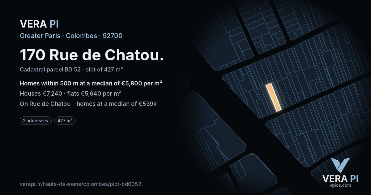 170 Rue de Chatou, Colombes at night – the plot lit, the parcels around coloured by the prices near them