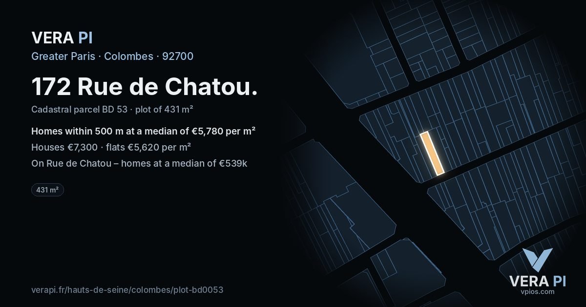 172 Rue de Chatou, Colombes at night – the plot lit, the parcels around coloured by the prices near them