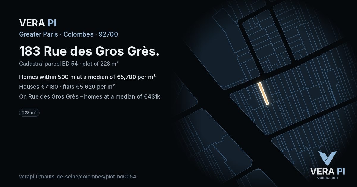 183 Rue des Gros Grès, Colombes at night – the plot lit, the parcels around coloured by the prices near them