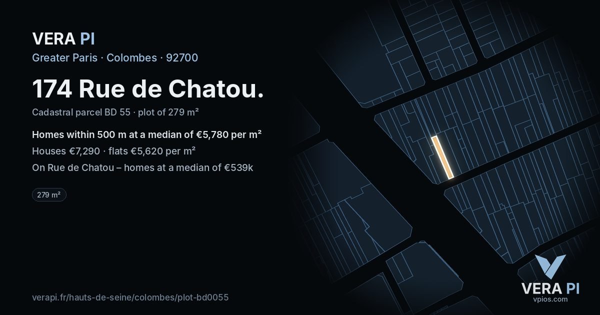 174 Rue de Chatou, Colombes at night – the plot lit, the parcels around coloured by the prices near them