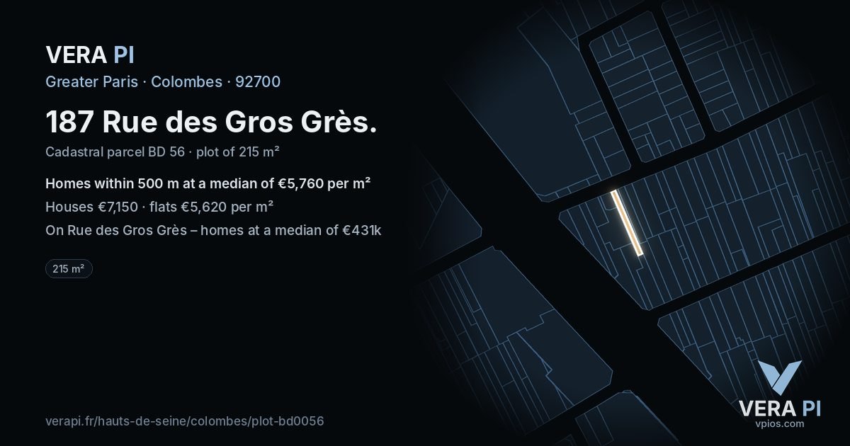 187 Rue des Gros Grès, Colombes at night – the plot lit, the parcels around coloured by the prices near them