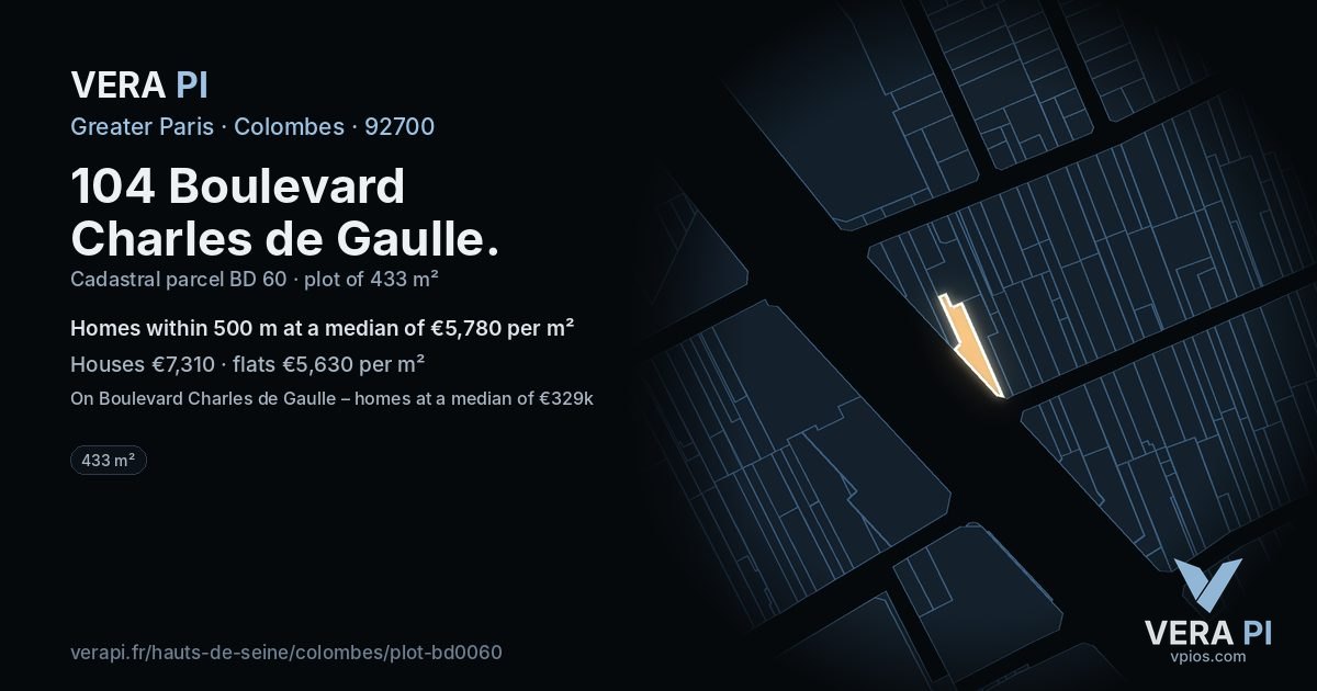 104 Boulevard Charles de Gaulle, Colombes at night – the plot lit, the parcels around coloured by the prices near them