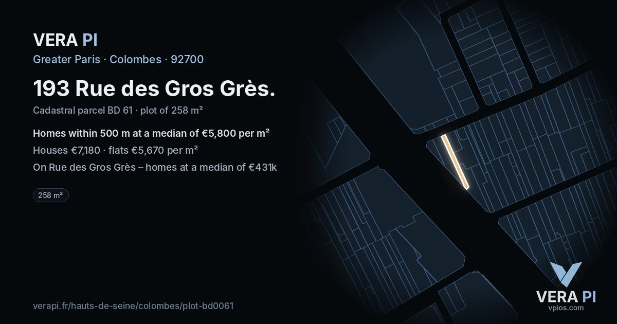 193 Rue des Gros Grès, Colombes at night – the plot lit, the parcels around coloured by the prices near them