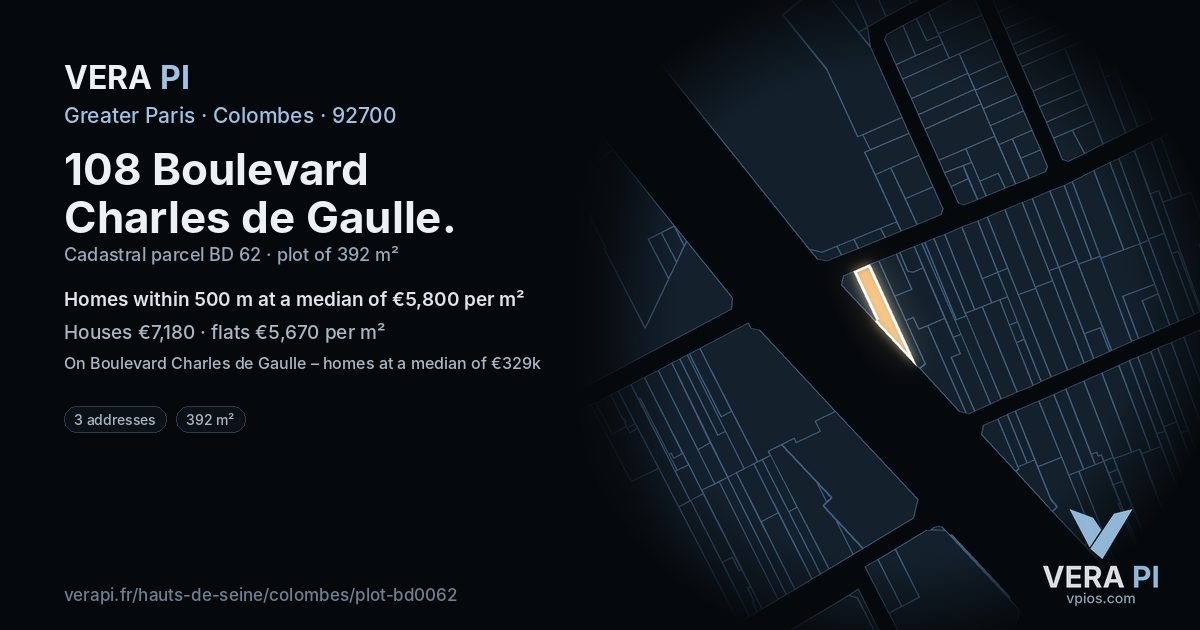108 Boulevard Charles de Gaulle, Colombes at night – the plot lit, the parcels around coloured by the prices near them