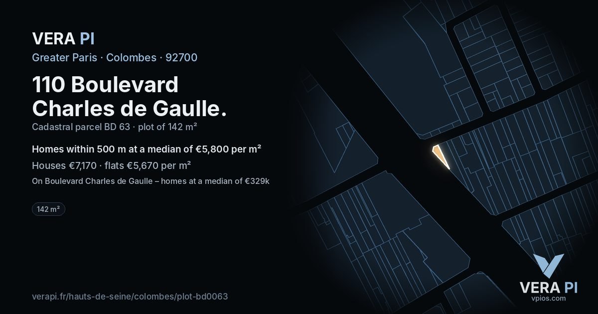 110 Boulevard Charles de Gaulle, Colombes at night – the plot lit, the parcels around coloured by the prices near them
