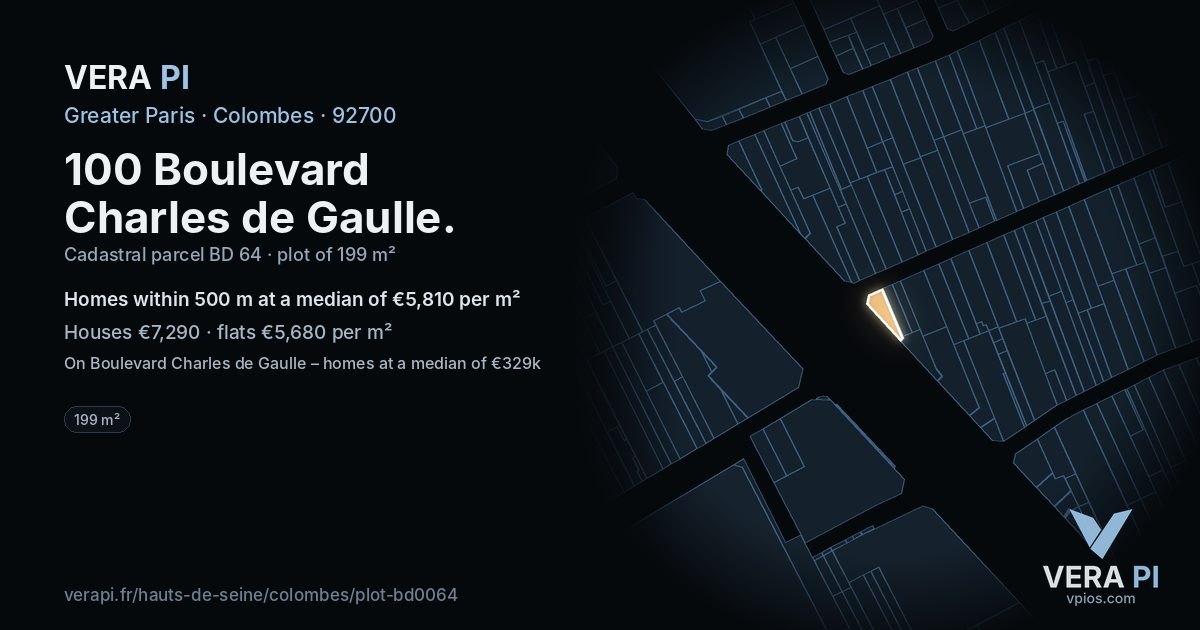 100 Boulevard Charles de Gaulle, Colombes at night – the plot lit, the parcels around coloured by the prices near them