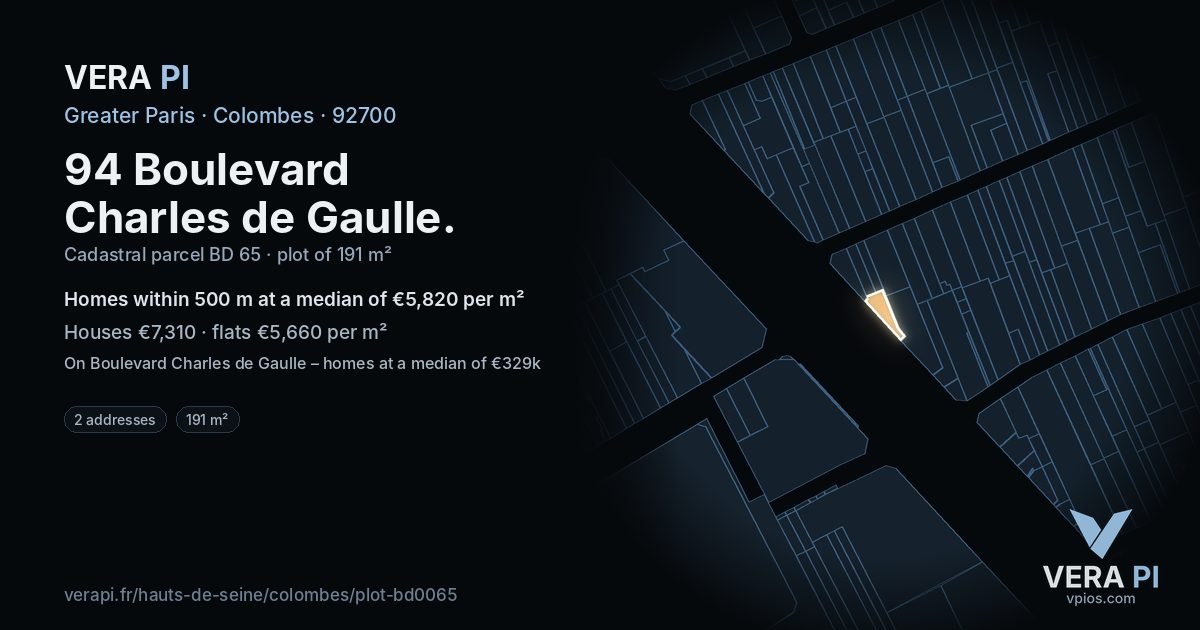 94 Boulevard Charles de Gaulle, Colombes at night – the plot lit, the parcels around coloured by the prices near them