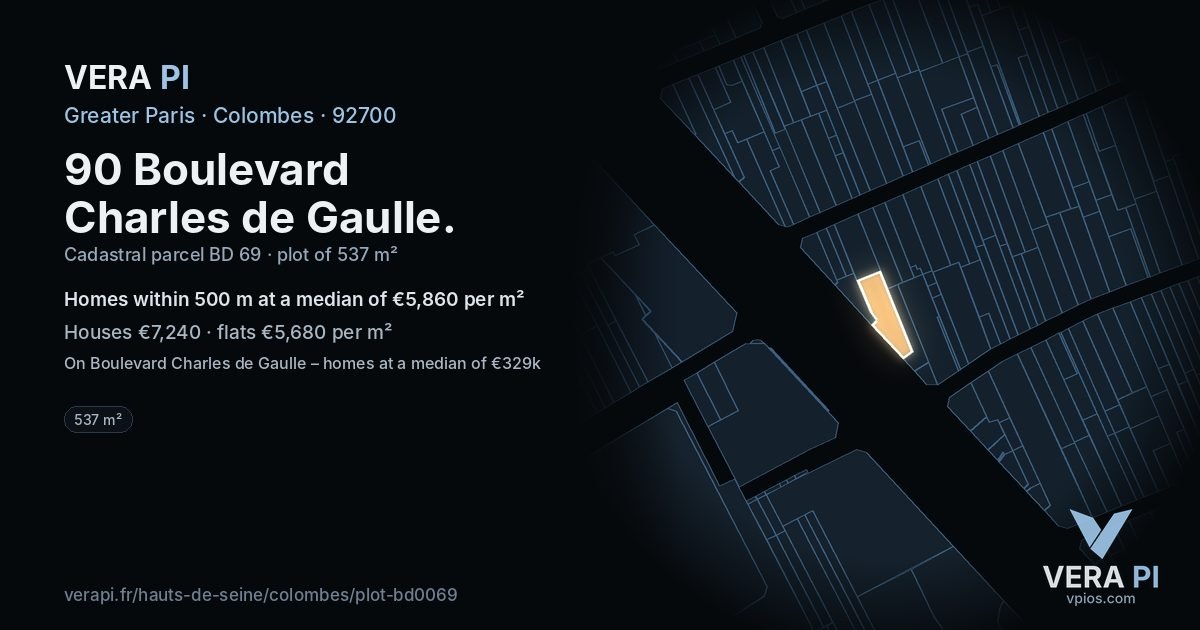 90 Boulevard Charles de Gaulle, Colombes at night – the plot lit, the parcels around coloured by the prices near them