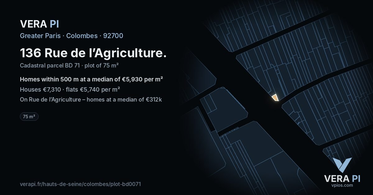 136 Rue de l’Agriculture, Colombes at night – the plot lit, the parcels around coloured by the prices near them
