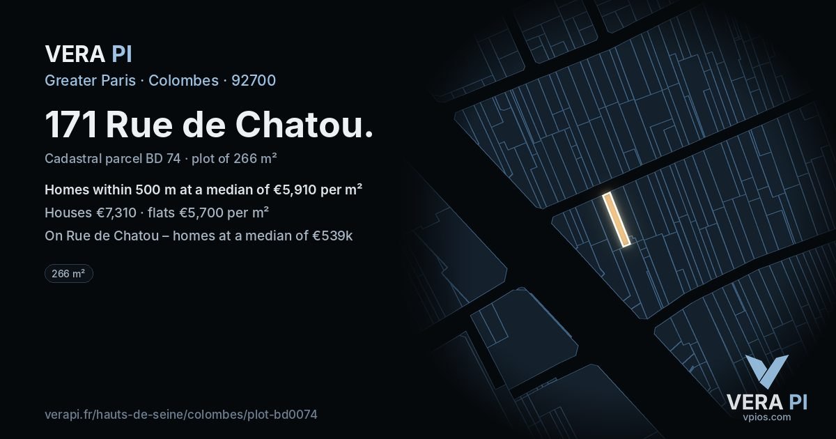 171 Rue de Chatou, Colombes at night – the plot lit, the parcels around coloured by the prices near them