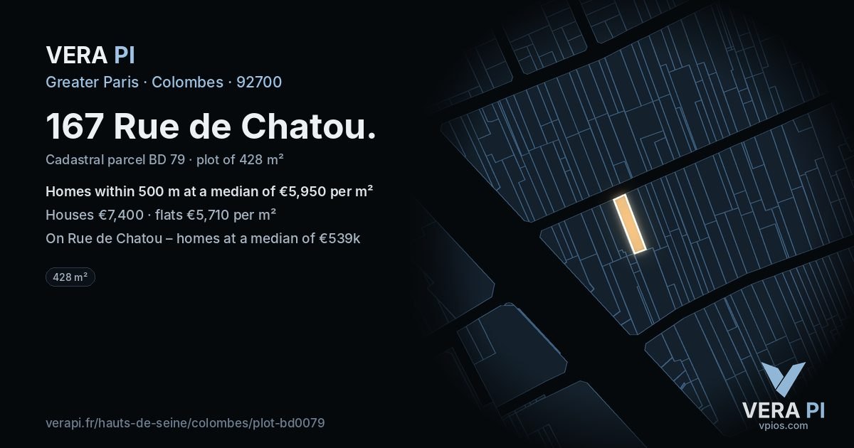 167 Rue de Chatou, Colombes at night – the plot lit, the parcels around coloured by the prices near them